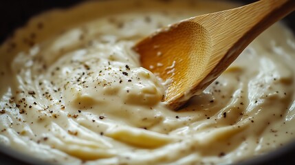 Stirring Creamy Sauce with Wooden Spoon and Pepper