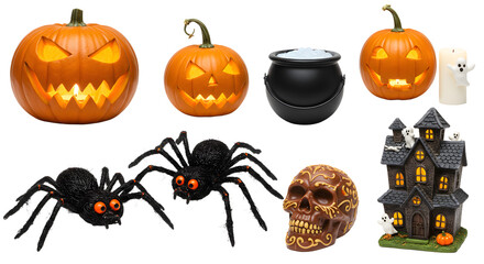A festive Halloween display featuring carved pumpkins, spooky decorations, and a haunted house with ghostly elements