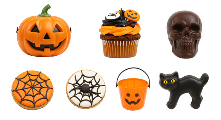 A festive Halloween display featuring various themed treats including a pumpkin, cupcakes, cookies, and a spooky cat