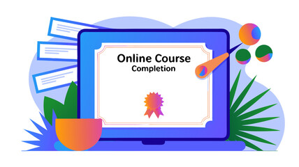 Illustrated Concept of Online Course Completion and Modern Digital Education Certification