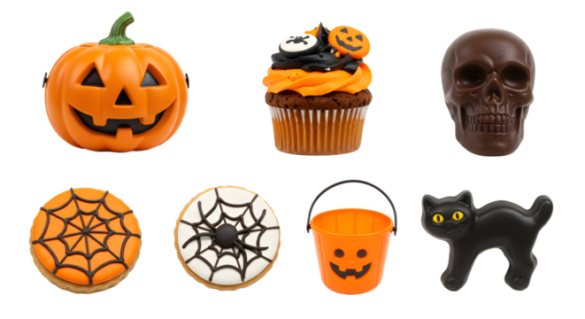 A festive Halloween display featuring various themed treats including a pumpkin, cupcakes, cookies, and a spooky cat