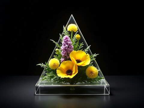 Triangular flower arrangement in clear vase, yellow poppies and purple hyacinth on black background, floral design