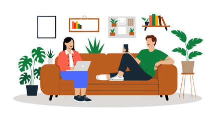 Fototapeta premium Couple Relaxing at Home, Woman Working on Laptop, Man with Smartphone, Vector Illustration