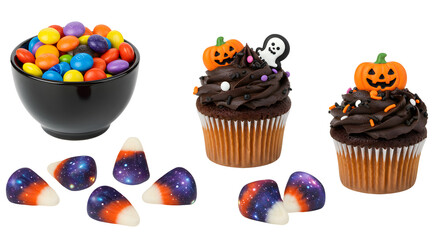 A festive Halloween-themed dessert display featuring colorful candy, decorated cupcakes, and galaxy-patterned candy corn