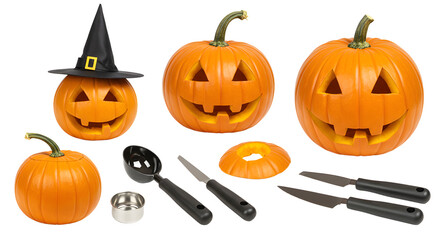 A festive scene featuring carved pumpkins with playful expressions, Halloween-themed accessories, and tools for decoration