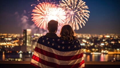 A couple gazes at fireworks over a city, draped in an American flag