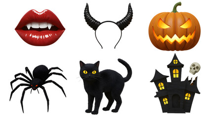 A Halloween-themed collection featuring a spooky pumpkin, black cat, spider, vampire lips, horns, and haunted house