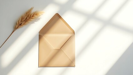 Open envelope mockup with pampas grass on white background for invitation card design and stationery 