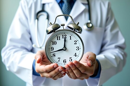 Doctor holding clock time management healthcare appointment reminder urgent medical care concept 