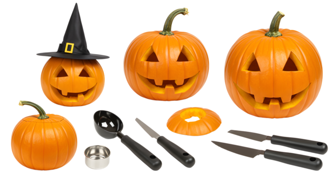 A festive scene featuring carved pumpkins with playful expressions, Halloween-themed accessories, and tools for decoration
