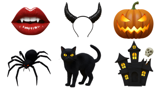 A Halloween-themed collection featuring a spooky pumpkin, black cat, spider, vampire lips, horns, and haunted house