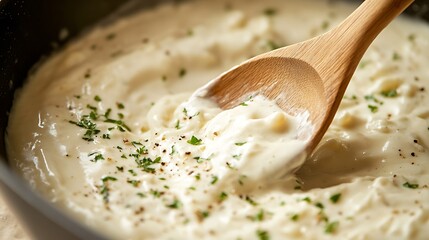 Stirring Creamy Sauce in Pan with Wooden Spoon and Parsley