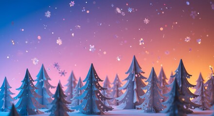 Paper Christmas Trees with Falling Snowflakes Against Gradient Sky