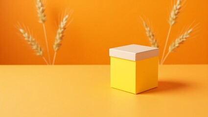 Yellow product display stand with wheat stalks for product showcase and presentation on orange background 