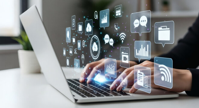 Digital Landscape: A modern laptop sits open on a clean desk, surrounded by a glowing array of digital icons representing the ever-expanding world of technology and communication.