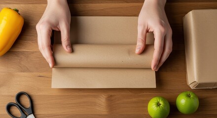 Crafting a Handmade Gift with Brown Paper, Fresh Fruits, and Scissors on a Wooden Surface for Creative Presentations