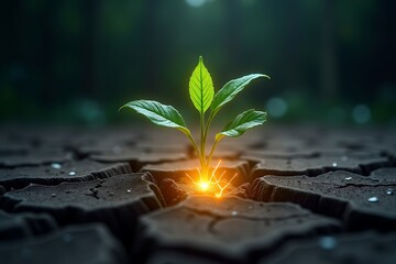 New life growing in cracked earth, hope and resilience concept, nature power, green sprout, dry soil 