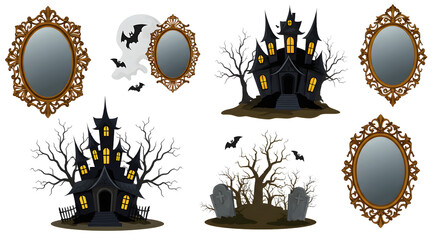 A spooky Halloween scene featuring a haunted house, eerie mirrors, and ghostly silhouettes amidst a dark forest backdrop