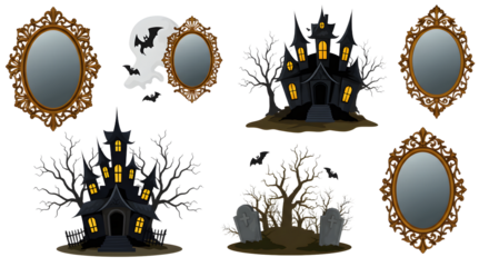 A spooky Halloween scene featuring a haunted house, eerie mirrors, and ghostly silhouettes amidst a dark forest backdrop