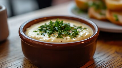 Creamy Dip with Herbs in Brown Bowl on Wooden Table