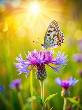 Delicate Egyptian starflower (Centaurea cyanus) with colorful butterfly on a sunny meadow