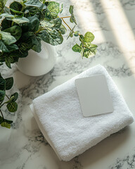 White Towel with Keycard and Green Plant on Marble. Fresh white towel with a blank hotel keycard placed on marble surface next to a green leafy plant under soft light.