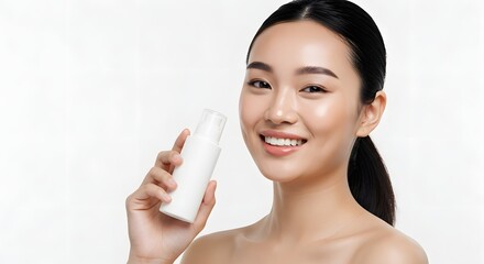 Asian Woman with Healthy Skin Holding Skincare Product, Smiling