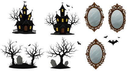 A spooky Halloween scene featuring haunted houses, eerie trees, and ornate mirrors with bats flying in the background