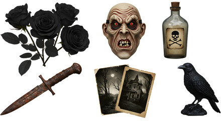 A spooky Halloween-themed arrangement featuring black roses, a sinister skull, a dagger, eerie photos, a raven, and a potion bottle