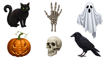 A spooky Halloween-themed collection featuring a black cat, skeleton hand, ghost, pumpkin, skull, and raven