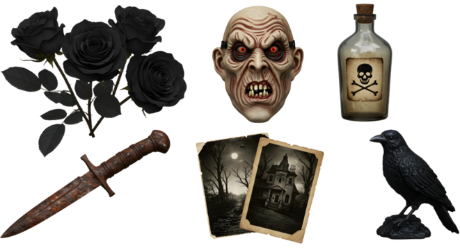 A spooky Halloween-themed arrangement featuring black roses, a sinister skull, a dagger, eerie photos, a raven, and a potion bottle