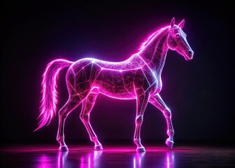 Holographic horse in neon pink light on dark canvas