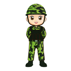 3D illustration of a cartoon soldier kid character in camouflage uniform standing with hands behind back and smiling confidently.