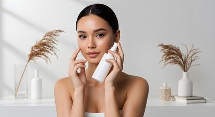 Beautiful Asian Woman Applying Skincare Product