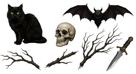 A spooky Halloween-themed illustration featuring a black cat, a skull, a bat, and eerie branches with a dagger