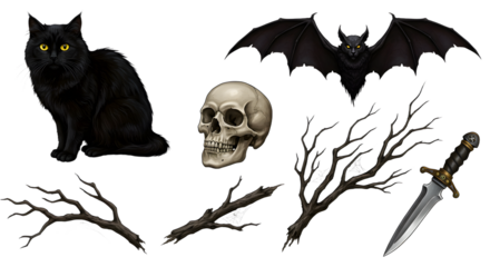 A spooky Halloween-themed illustration featuring a black cat, a skull, a bat, and eerie branches with a dagger