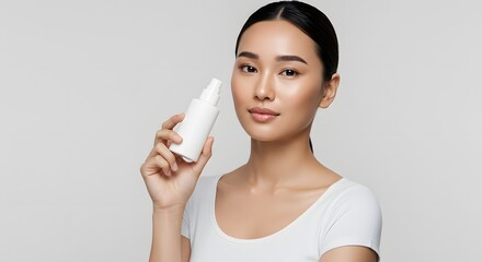 Beautiful Asian Woman Holding Skincare Product Bottle