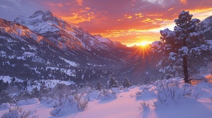 Snowy mountain valley sunrise. Pink, orange, and gold sky over snow covered peaks and evergreen trees