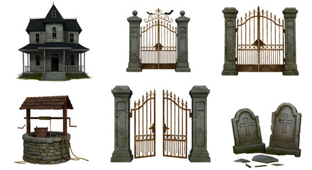 A spooky old mansion surrounded by ornate gates, a well, and gravestones, set against a dark, eerie background
