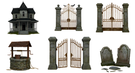 A spooky old mansion surrounded by ornate gates, a well, and gravestones, set against a dark, eerie background