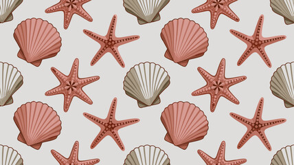 Detailed vector pattern of starfish and seashells on a light background design