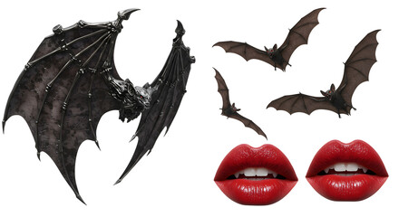 A striking composition featuring dark, gothic bats and bold red lips, evoking a mysterious and dramatic atmosphere