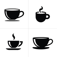 Obraz premium Four Black and White Coffee Cup Illustrations, Hot Beverage Icon Set Design