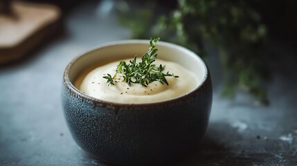 Creamy Soup with Herb Garnishing Served in a Bowl