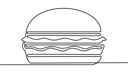 Burger one line drawing minimalist outline vector illustration. Single line drawing of hamburger, Junk food, fast food concept single line. Burger continuous one line drawing.