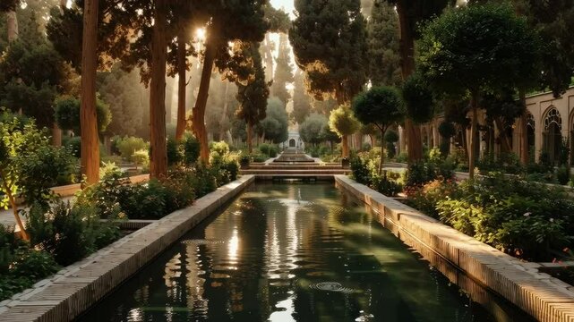 wide shot of a lush Persian garden (Bagh-e Fin, Kashan), central water channels reflecting sunlight, tall cypress trees creating shade, calm and peaceful atmosphere