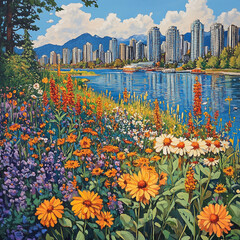 Colorful Wildflower Meadow by City Waterfront. Vibrant illustration of wildflowers blooming near a city waterfront with modern skyscrapers and mountains in the background.