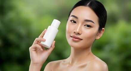 Beautiful Asian Woman Holding Skincare Product Bottle, Natural Beauty Concept