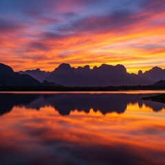 Obraz premium Fiery Sunset over Serene Mountain Lake Landscape: A Breathtaking Reflection of Nature's Majesty