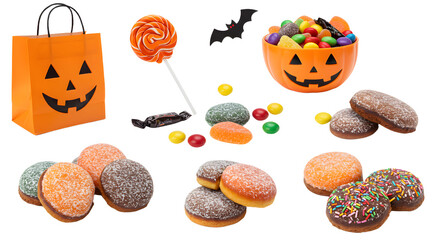 A vibrant Halloween-themed display featuring assorted candies, donuts, and a spooky bag, set against a festive backdrop